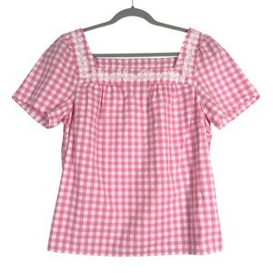 Talbots Gingham Top Womens LP Pink Embroidered Coquette Cottagecore Blouse